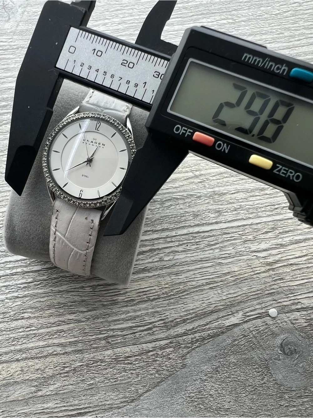 Skagen Silver and White Crystal-Trim Leather Strap Watch